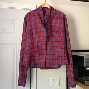 UNRAVEL PROJECT red blue virgin wool plaid check tie button up long sleeve shirt